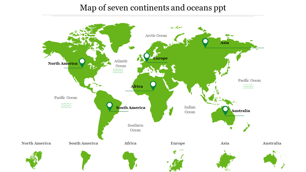 Amazing Map Of Seven Continents And Oceans PPT Template